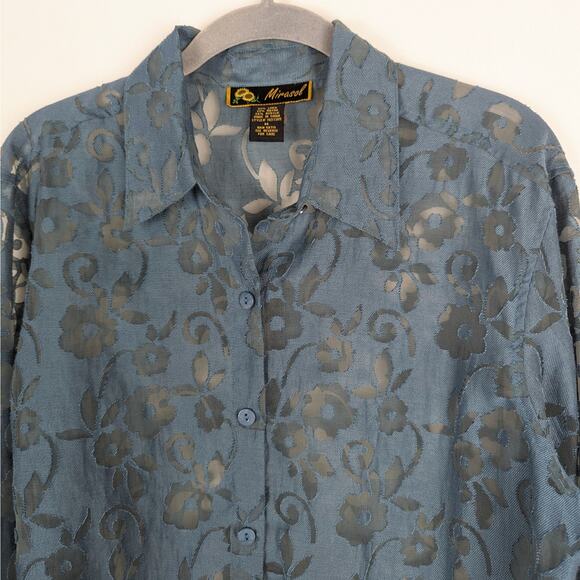Vintage Mirasol Teal Sheer Floral Linen‎ Blend Button Down Blouse Size Medium - Picture 2 of 7